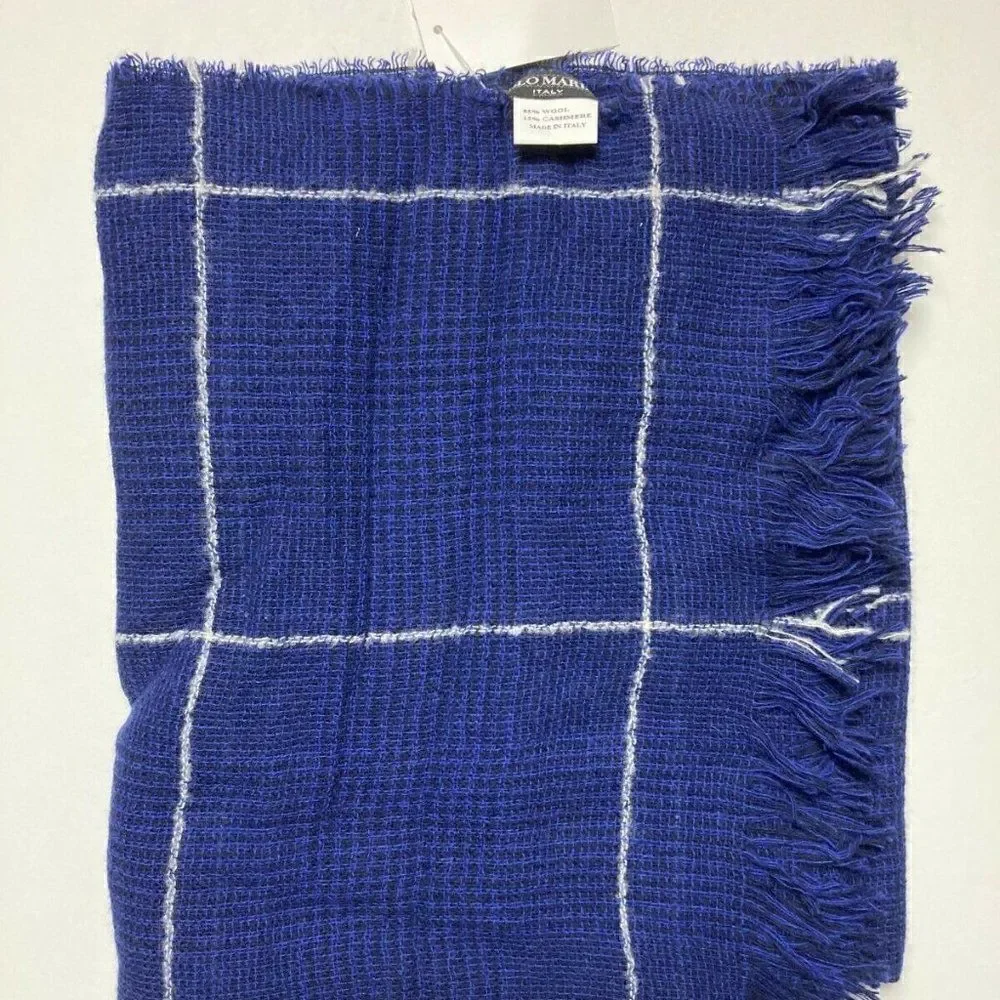 Paolo Mariani Royal Blue White Plaid Wool Cashmere Blend Scarf NWT